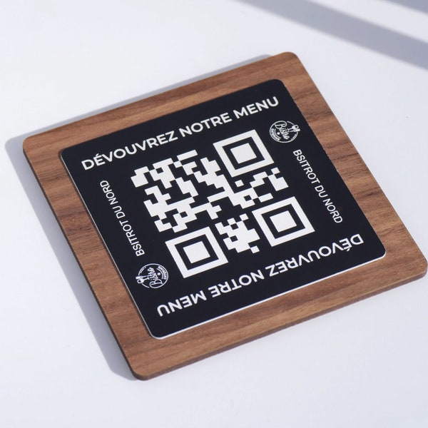 Support Menu QR code Personnalisé, Haut de gamme, Original, Bois et plaque gravé, Restaurant, Hôtellerie, Bar, QR code Instagram, Facebook