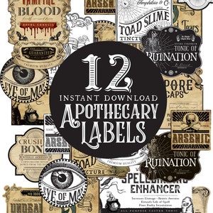 May include: A collection of 12 apothecary labels with vintage designs. The labels feature text such as "Vampire Blood," "Toad Slime," and "Arsenic." The labels are in various shapes and sizes, with a distressed, aged appearance, and are suitable for Halloween or gothic-themed projects.