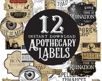 May include: A collection of 12 apothecary labels with vintage designs. The labels feature text such as "Vampire Blood," "Toad Slime," and "Arsenic." The labels are in various shapes and sizes, with a distressed, aged appearance, and are suitable for Halloween or gothic-themed projects.