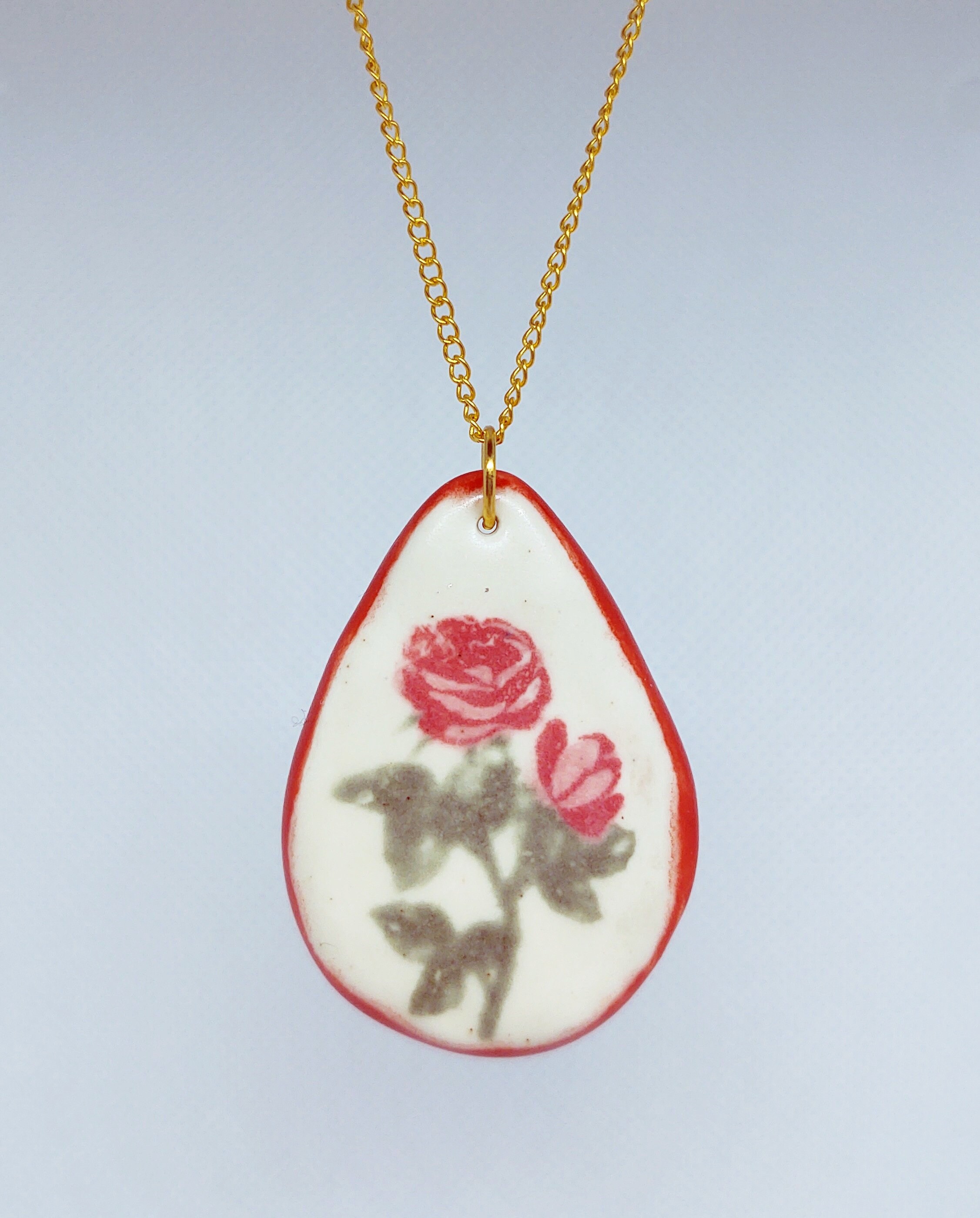 Handmade Vintage Rose Ceramic Pendant Necklace Etsy