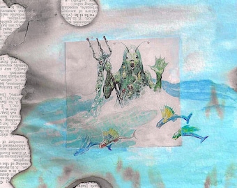 Merman Monster Collage – Mixed Media Fantasy Sea Art