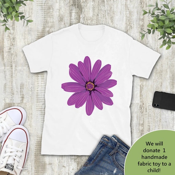 Purple Flower Shirt, Shirts for Women, White Floral T-shirt