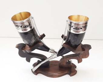Engraved Viking Drinking Horn Set with Beech Wood Stand, Wedding Gift