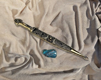 Handmade souvenir dagger 13 inches, sheathed, golden. sword is decorated with ornaments with filigree. fantasy quality gift for collectors.