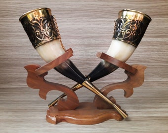 Engraved Viking Drinking Horns with Beech Wood Stand, Personalized Wedding Gift