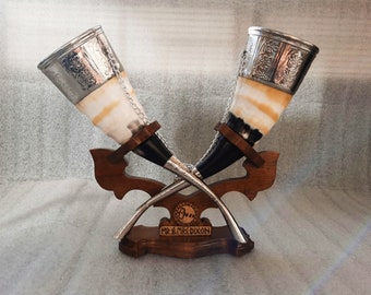 Viking Drinking horn set with personalized stand, handcrafted gift horns, perfect gift for Wedding, groomsman Engraved gift, Viking mug