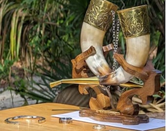 Viking Drinking Horn Set with Stand - Handmade horn tankards for mead and flame. wedding Drinking horns, personalized gift, Best Quality.