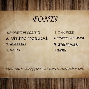 Pode incluir: Uma lista de fontes escritas em um fundo de papel marrom. As fontes listadas s&atilde;o Monotype Corsiva, Viking Normal, Algerian, Chiller, Ink Free, Script MT Bold, Jokerman e Playbill. O texto tamb&eacute;m diz "Voc&ecirc; tamb&eacute;m pode sugerir qualquer fonte que n&atilde;o seja mostrada aqui."