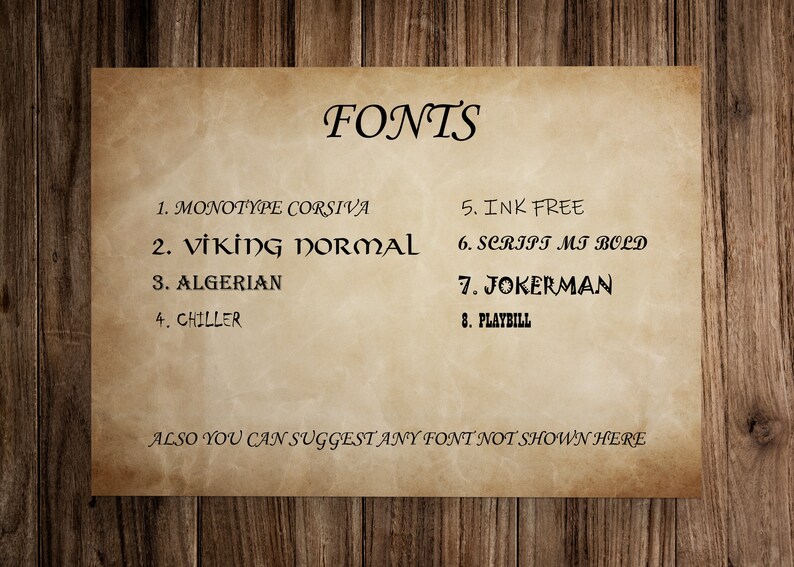 Pode incluir: Uma lista de fontes escritas em um fundo de papel marrom. As fontes listadas s&atilde;o Monotype Corsiva, Viking Normal, Algerian, Chiller, Ink Free, Script MT Bold, Jokerman e Playbill. O texto tamb&eacute;m diz "Voc&ecirc; tamb&eacute;m pode sugerir qualquer fonte que n&atilde;o seja mostrada aqui."