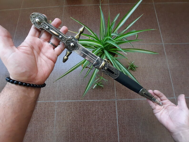 Pode incluir: Uma adaga prateada e preta com detalhes ornamentados e um cabo preto. A adaga est&aacute; sendo segurada em uma m&atilde;o e est&aacute; apoiada em uma planta verde.