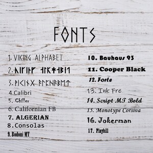 May include: A list of 17 different fonts, numbered 1 through 17, with the font name written in the corresponding font. The list is titled "FONTS" at the top.