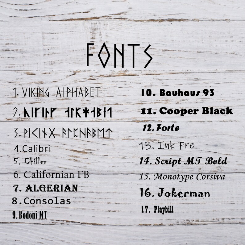 May include: A list of 17 different fonts, numbered 1 through 17, with the font name written in the corresponding font. The list is titled "FONTS" at the top.