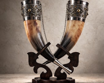 Viking Drinking Horn Set with Wood Stand – Handcrafted Silver Filigree Norse Decor