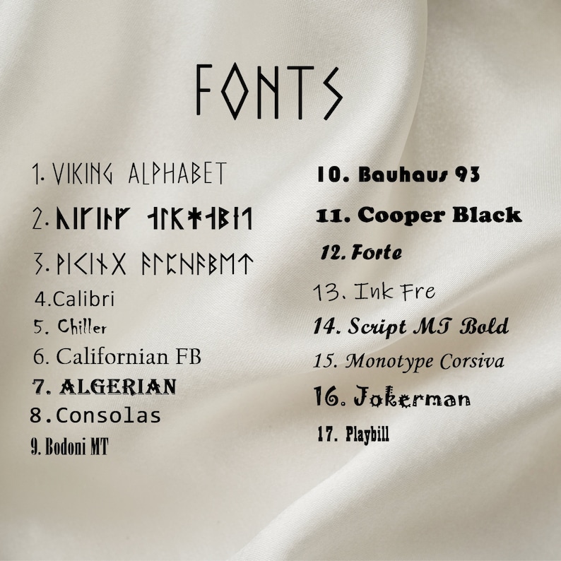 May include: A list of fonts with their names and numbers. The fonts are displayed in a white background with black text.