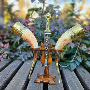Viking Drinking Horn Set with Stand for Wedding. Handmade horn tankards for mead and flame. Drinking horns, personalized gift, Best Quality.