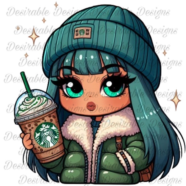 Bougie Teal Girl in a Beanie with Iced Coffee, PNG, PNG Download, Sublimation, DTF