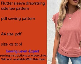 A4size -letter size  pdf sewing pattern . Flutter sleeve drawstring side tee. ruffle top. ruffle blouse pattern . ruffle. digital pattern