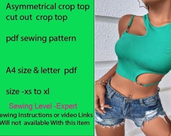 pdf sewing pattern .cut our crop top. Asymmetrical crop top . sleeveless crop top. women's top pattern . digital pattern. crop top pattern.