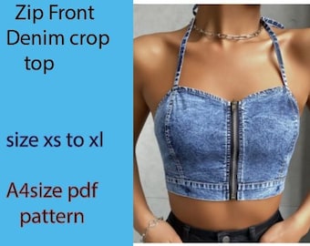 A4 size pdf sewing pattern .crop top. bra tp[.zip front denim crop top.  women's top . zipper crop top. denim bra top. cropped denim