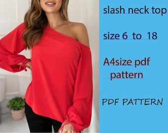 A4 size print out pdf sewing pattern. Slash neck top. one shoulder top pattern .off shoulder top. women's top pattern .Instant Download.