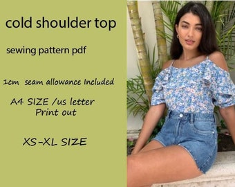 4A size pdf sewing pattern . cold shoulder frill top. off shoulder top. open shoulder top. front frill top pattern .casual tops .vintage top