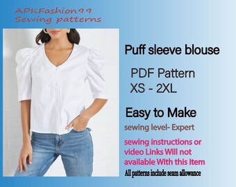 pdf sewing  pattern , puff sleeve blouse, long sleeve blouse top, vintage blouse, blouse  pattern. women's blouse, puff long sleeve blouse.