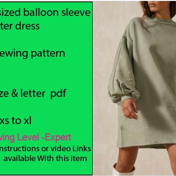 pdf sewing  pattern. oversized balloon sleeve sweater dress. over size pattern , pullover sweater. women's sweater. knit sweatshirt. sweater