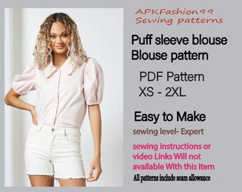 pdf sewing pattern . puff sleeve blouse pattern. vintage blouse. casual blouse. floral blouse pattern. easy pattern. blouse pattern. blouse