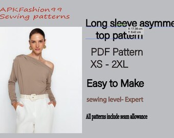 pdf sewing  pattern , long sleeve asymmetric top, one shoulder long sleeve top, women's top, vintage top. summer top, tank long sleeve top.