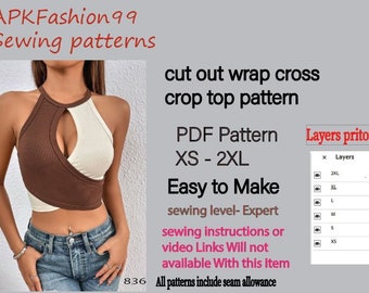 cut out wrap cross crop top pattern.a4 - letter pdf sewing pattern . cut out top. colorblock pattern.rip crop top. halter neck crop top.crop