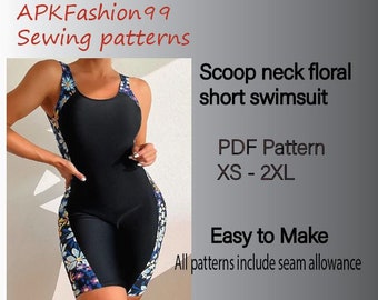 pdf sewing pattern . scoop neck floral short swimsuit. swimsuit pattern. one  piece swimsuit. gift for grills. swimsuit women's. pattern.