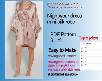pdf sewing pattern. nightwear dress. silk pajama dress, pink dressing gown. mini silk robe. design Lingevie ,pajamas women's, silk kimono.
