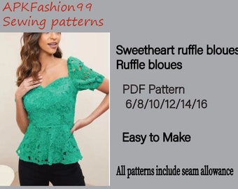 pdf sewing pattern. sweetheart ruffle blouse. ruffle sleeve blouse. women's blouse. short sleeve pattern. saree blouse. blouse pattern.