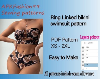 Layers printout pdf sewing pattern . Ring Linked Bander bikini swimsuit. O-ring . Bikini set. Beach sewing pattern. women's wear. bikini set