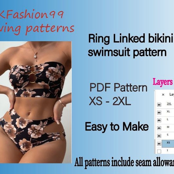 Lagen Ausdruck pdf Schnittmuster . Ring Linked Bander Bikini Badeanzug. O-Ring . Bikini-Set. Strand Schnittmuster. Damenbekleidung. Bikini Set