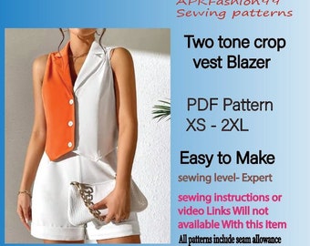 pdf sewing pattern . two tone vest crop blazer, vest blazer, women's blazer, blazer pattern. crop top blazer, blazer for women's, cropped