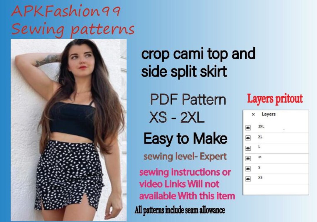 Pdf Sewing Pattern . Crop Cami Top and Side Split Skirt. Gift - Etsy