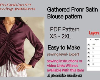 pdf sewing  pattern . gathered front satin blouse. shirt sewing pattern. blouse pattern. vintage blouse pattern. gift for her. loose blouse.