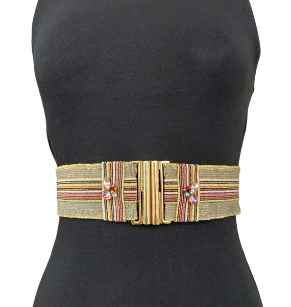 Stretch Waist Belt with Golden Buckle for Dresses, Elastic Bling Accessory RMMVJJ Women Gold Belt Wide Waist Belts Stretch Elastic Belt  main image 2