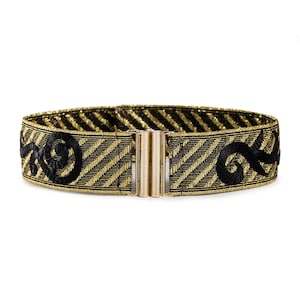 Gold elastic belt, black motifs, gold metal buckle, shimmering belt, gift for her, stretch belt, unique belt by tzavedesigns