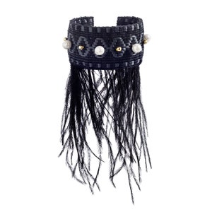 Black   Big  Adjustable Bracelet, Ostrich Feathers, Pearls  Handmade  Fabric  Jewelry,  Gothic Bracelet, Gift for her, Statement Cuff
