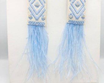 Long blue earrings, light blue ostrich feathers, woven textile, chandelier earrings, handmade jewelry, ethnic earrings by tzavedesigns