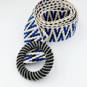 blue belt,handmade sash belt, woven textile ribbon, beaded round buckle, tie belt, long belt,multicolored belt, gift for her by tzavedesigns