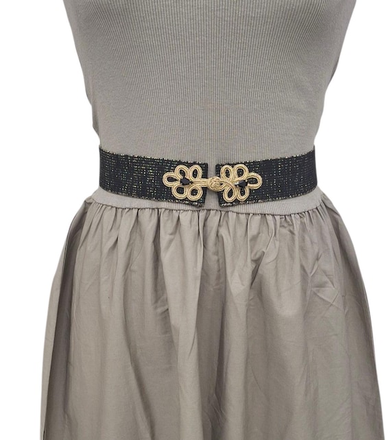 Plus Size Black Elastic Stretch Statement Belt with Gold Rhinestone Buckle Black Faux Leather Stretch Back Hip High Waist Elastic Belt  main image 4