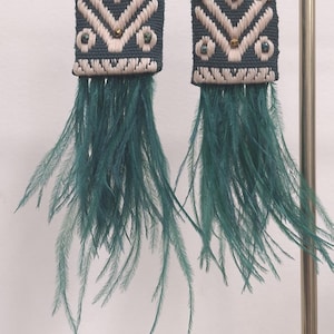 Green  Big  Boho   Fabric  Earrings   Ostrich Feathers  Handmade  Long earrings   Gift for her   Boho Chic, Statement Jewelry