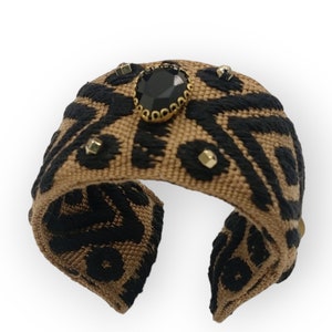 Brown cuff bracelet adjustable handmade bracelet, woven textile , hematite beads, black crystal rhinestone, big bracelet, ethnic bracelet