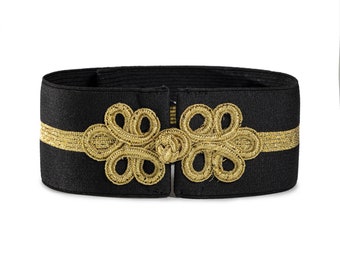 Ceinture élastique noire, ceinture, boucle dorée, ceinture faite à la main, ceinture vestimentaire, cadeau pour elle, cadeau pour femme, ceinture extensible de luxe par tzavedesigns