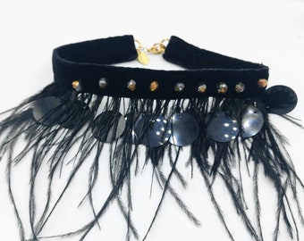 Black handmade choker, black velvet,big black sequins, ostrich feathers, Hollywood style, gift for her,statement  jewel  by tzavedesigns