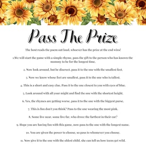 Pass The Prize Baby Shower Game, Sunflower Baby Shower Game Printable,  Fun Baby Shower Game, Baby Boy Shower Games