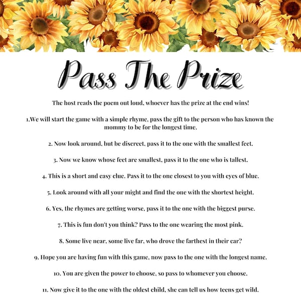 Pass The Prize Baby Shower Game, Sunflower Baby Shower Game Printable,  Fun Baby Shower Game, Baby Boy Shower Games